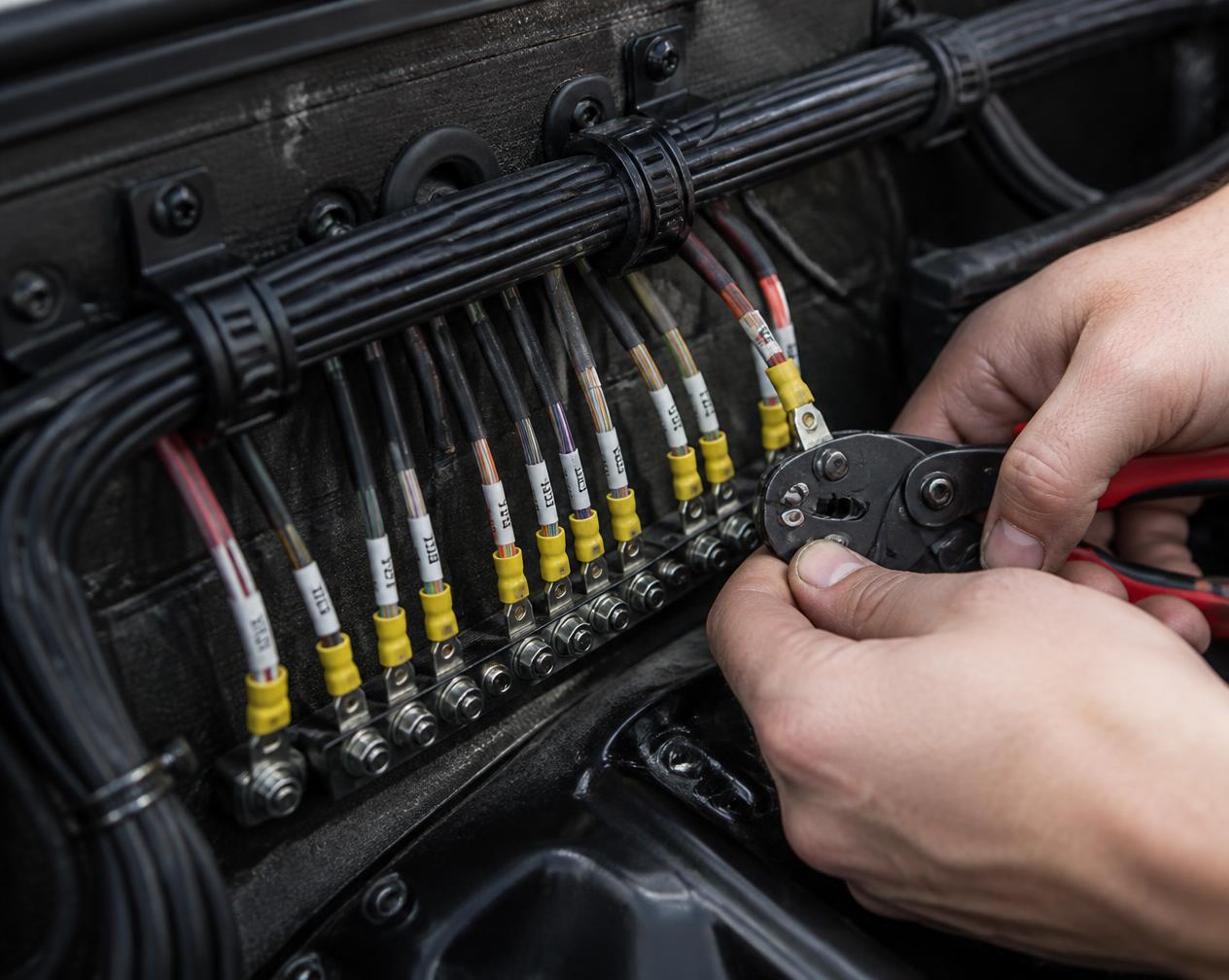 Close-up of neatly loomed and labelled automotive wiring being terminated by hand