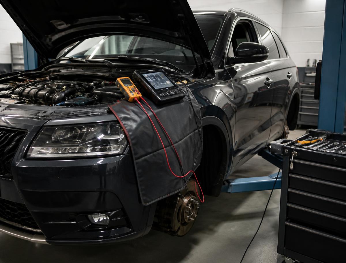 Vehicle in a professional workshop bay with a diagnostic scan tool and multimeter connected