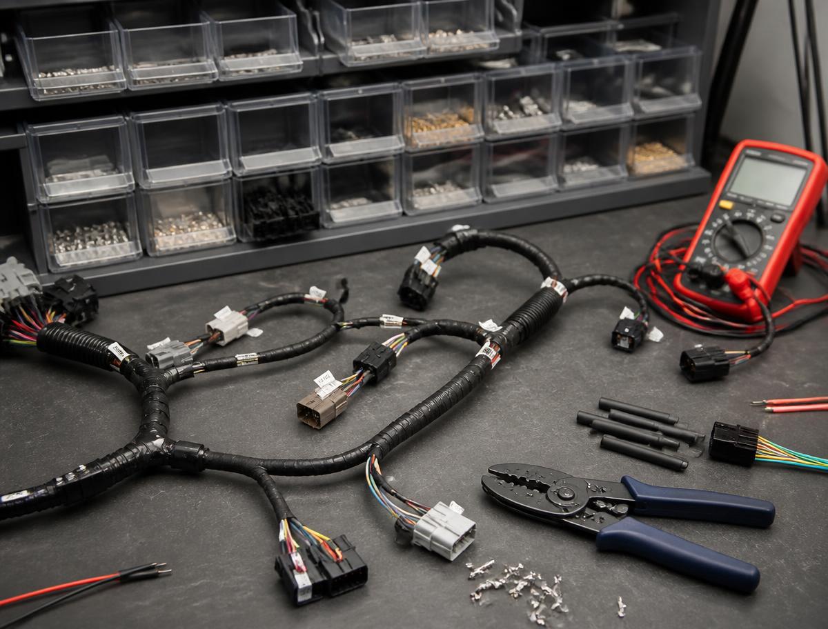 Automotive electrical workbench with a wiring harness, crimping tools and organised terminal drawers