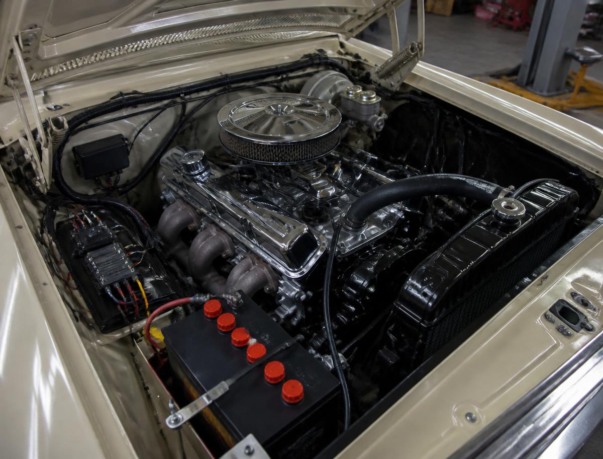 Engine bay of a restored classic car with freshly installed wiring