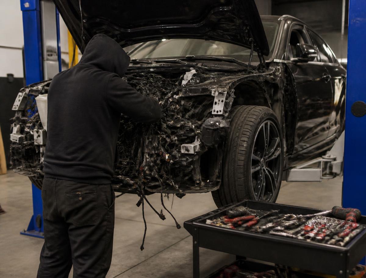 Performance car on a hoist with front-end wiring being worked on