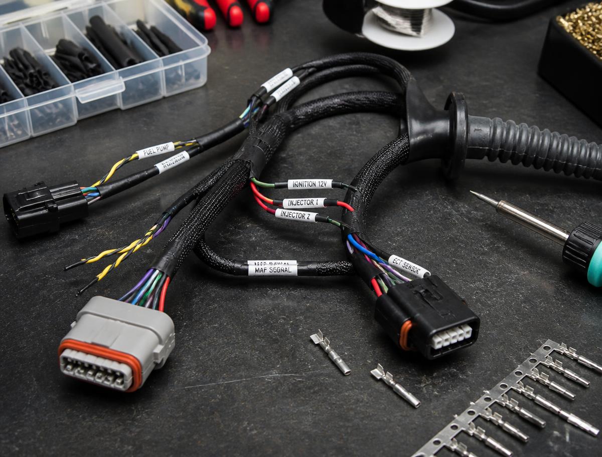Hand-built automotive wiring harness with labelled connectors on a workbench